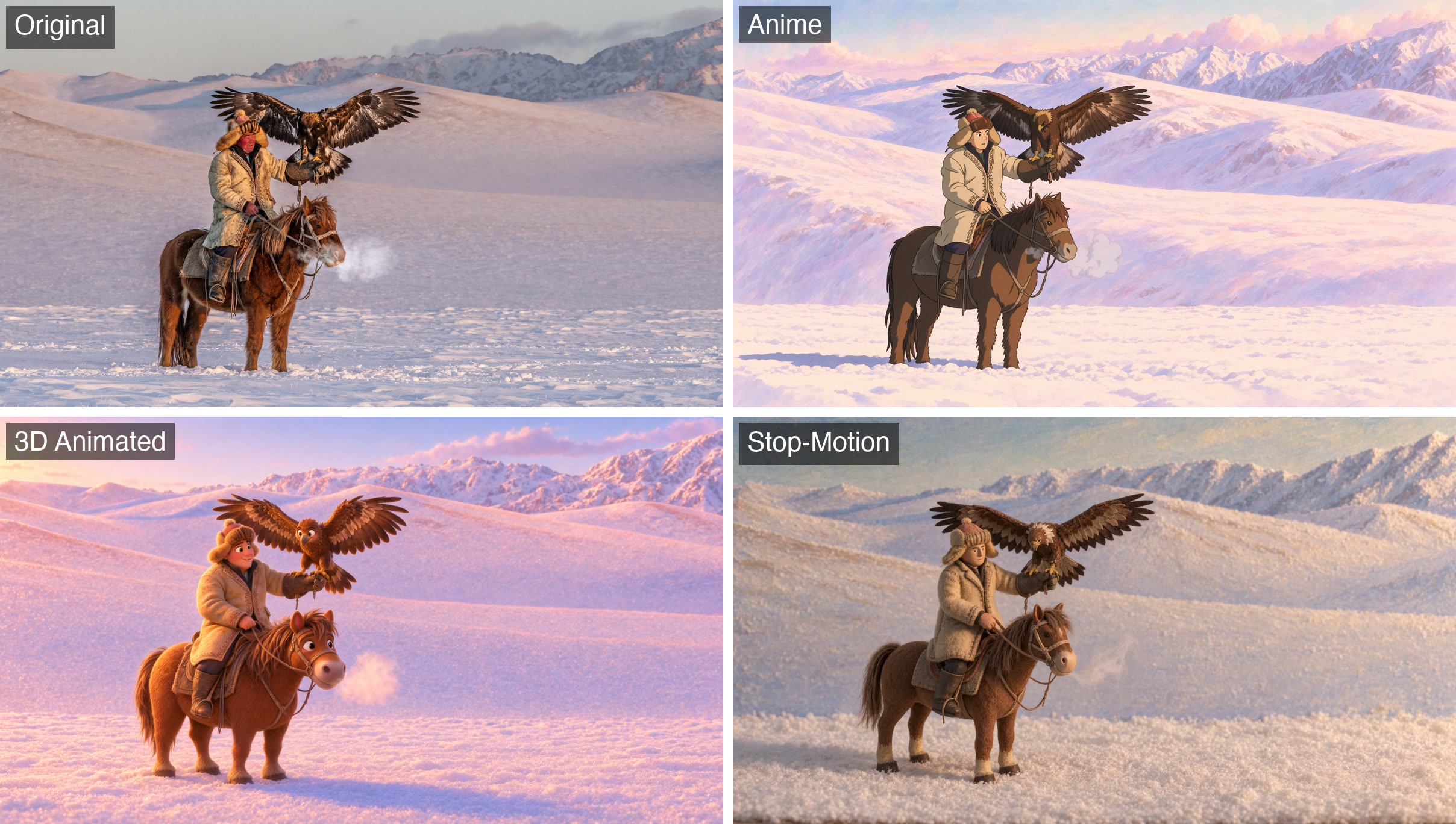 The eagle hunter photo beside three restyled versions of the same frame: a hand-drawn anime frame, a 3D animated film frame and a stop-motion puppet frame.