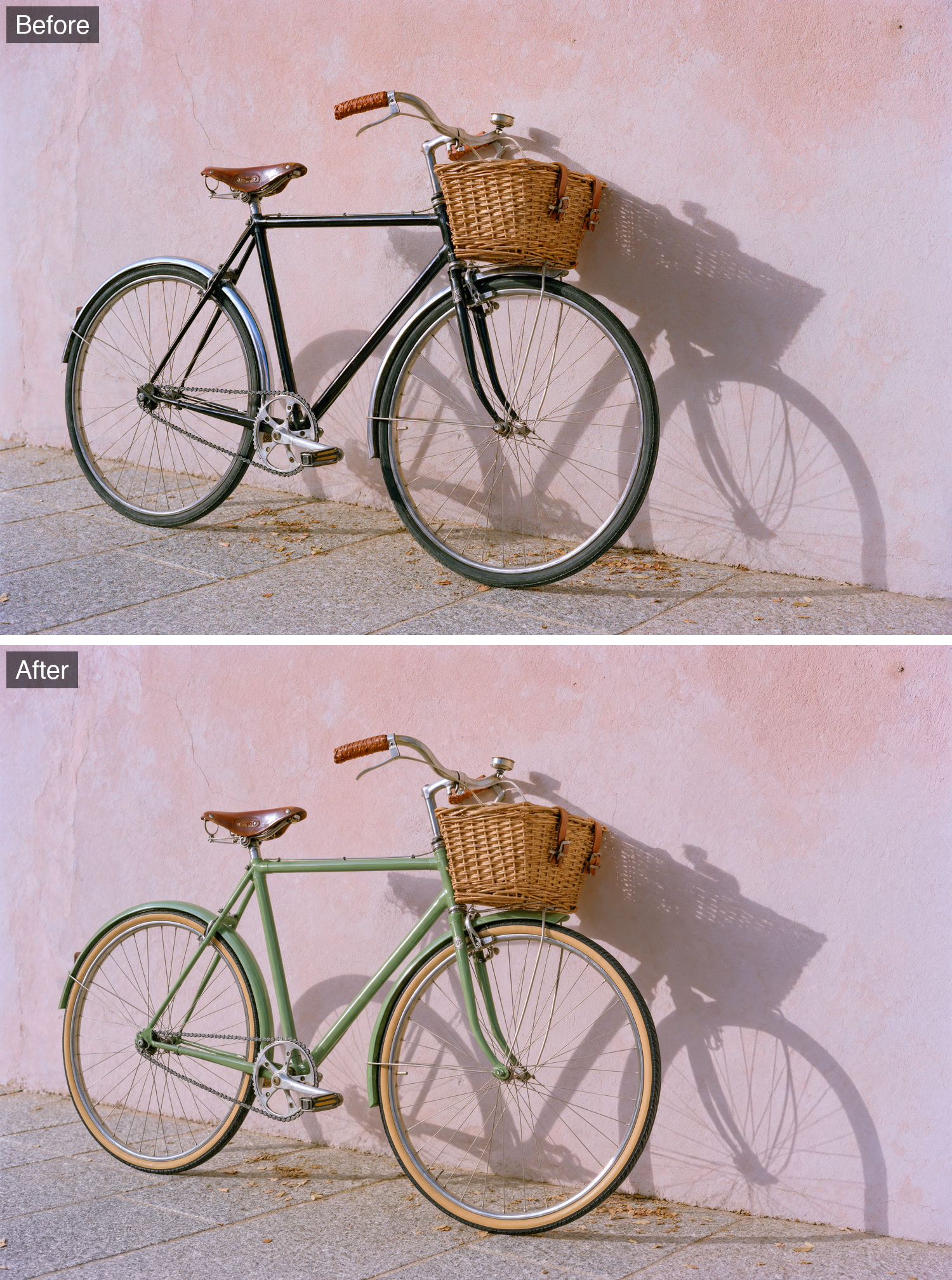 The same city bicycle against a pink wall before and after its black frame is recolored sage green with tan gumwall tyres.