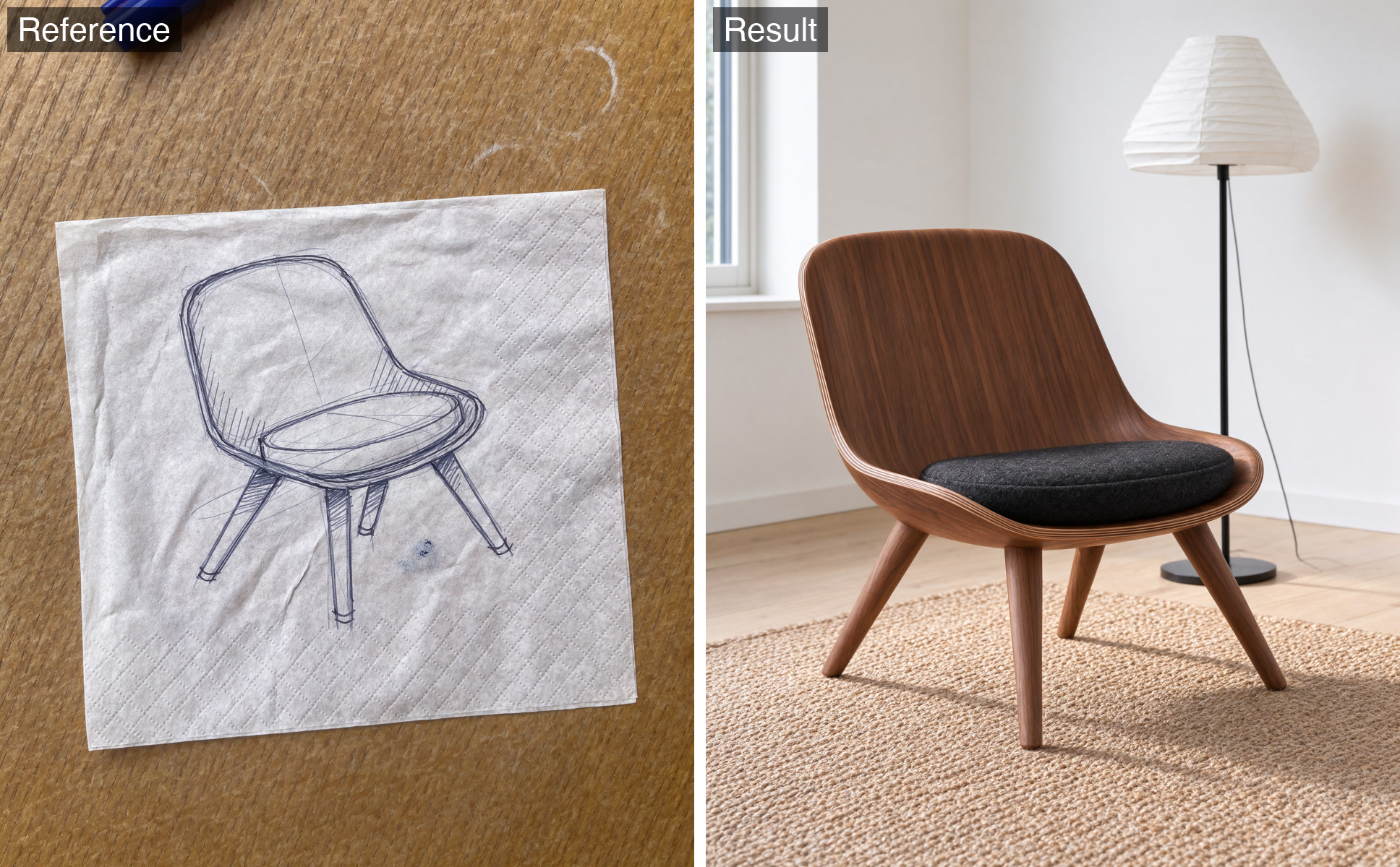 A ballpoint sketch of a lounge chair on a paper napkin beside the finished walnut chair photographed in a bright living room.