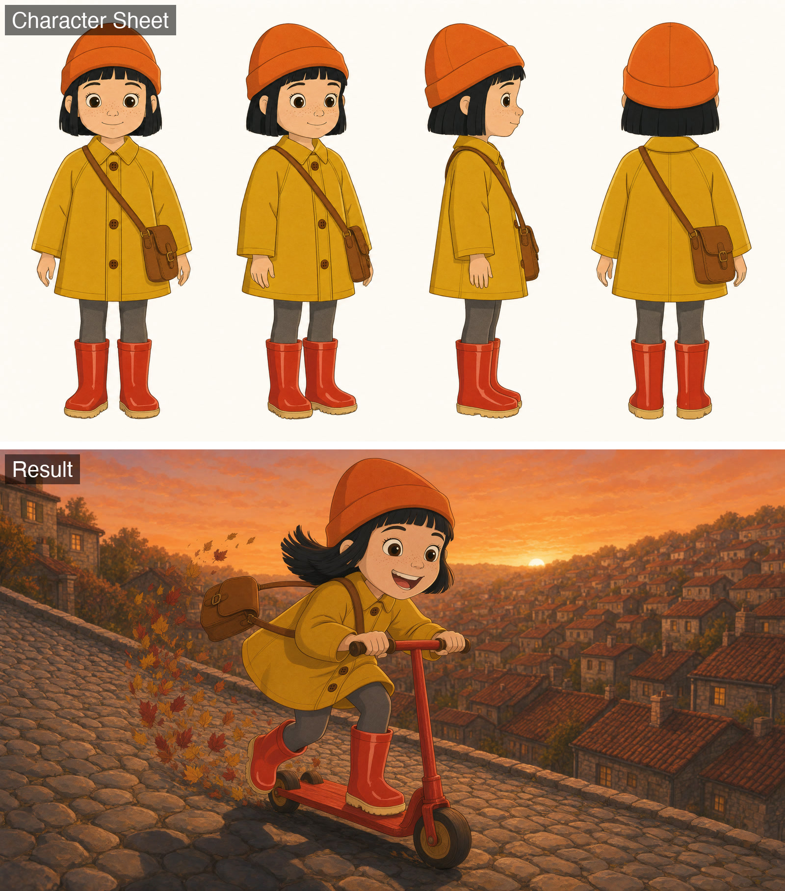 A 2D character turnaround of a girl in a yellow raincoat and orange beanie above a new animated frame of her riding a scooter down a cobblestone hill.