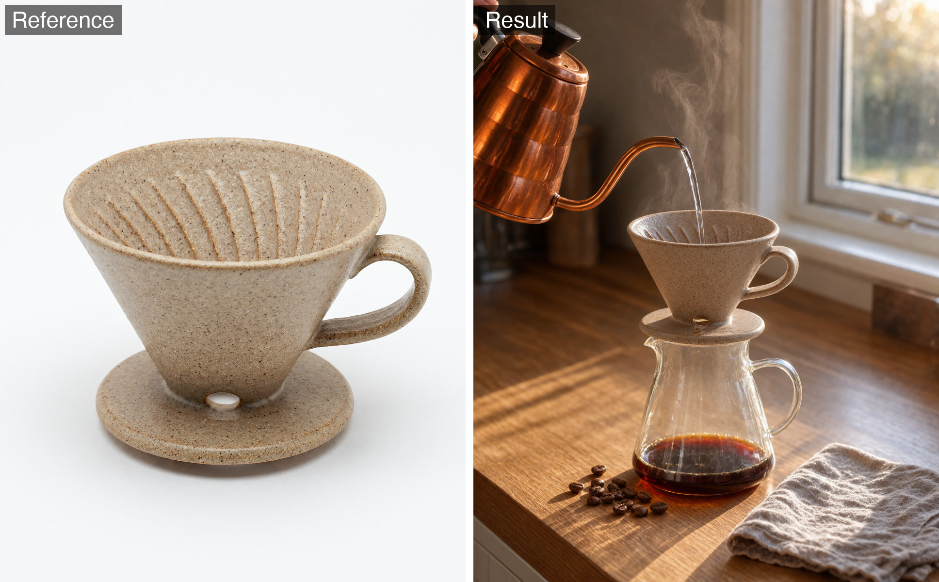 A speckled ceramic coffee dripper from a studio product shot placed on a glass carafe on a sunlit kitchen counter as water pours in.