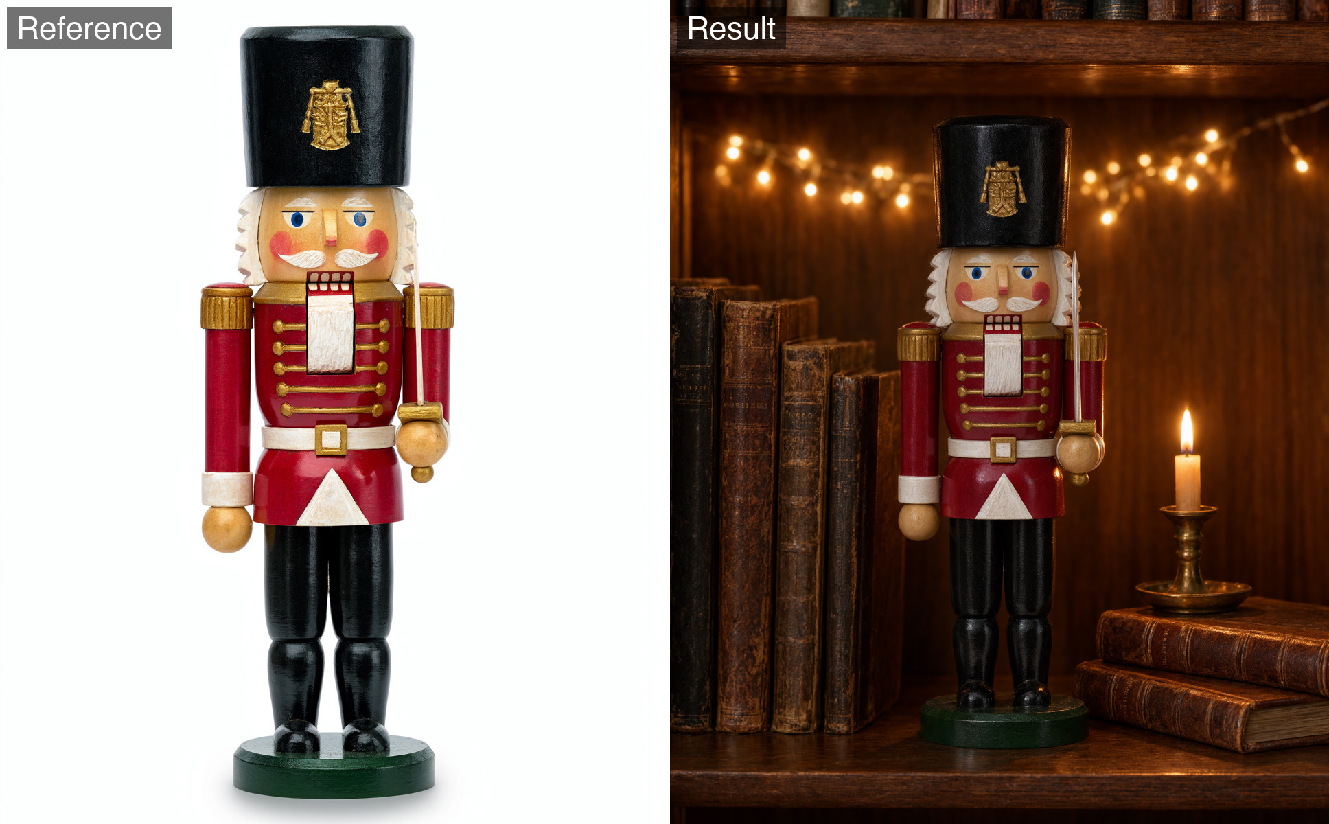 A painted wooden nutcracker soldier from a studio shot placed on a bookshelf among old books, a candle and fairy lights.