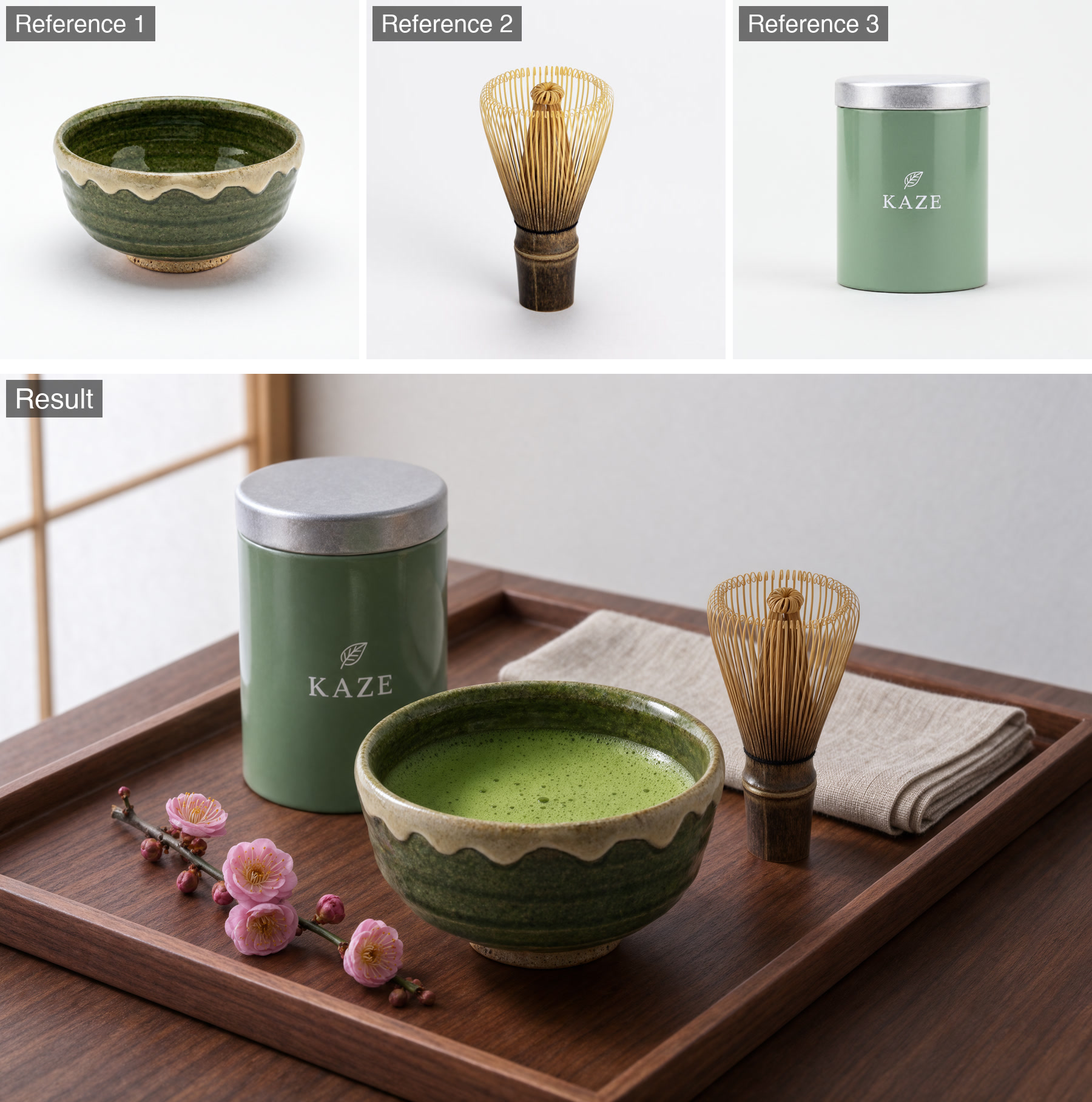 A matcha bowl, bamboo whisk and sage-green tea tin from three reference photos arranged together on a walnut tray with plum blossom.