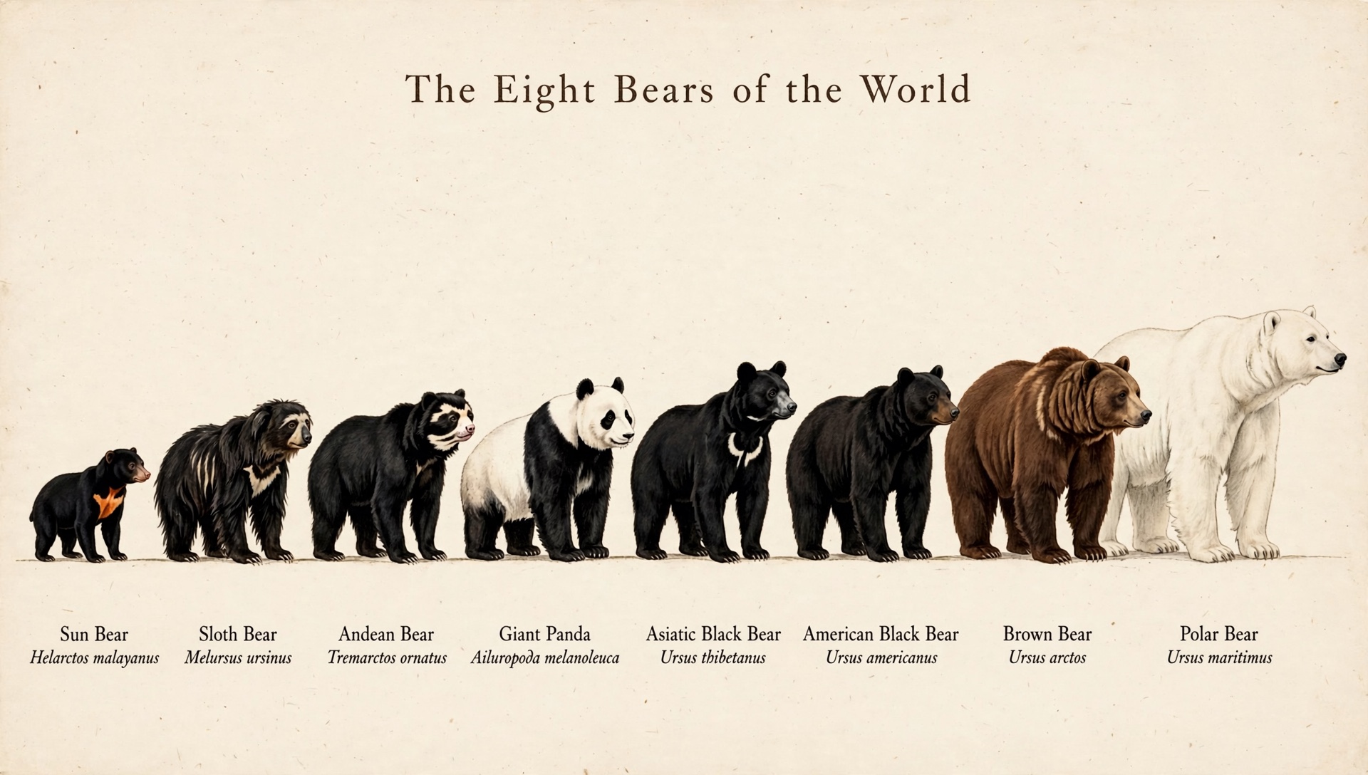 A museum plate of all eight living bear species in profile, from sun bear to polar bear, with common and scientific names.