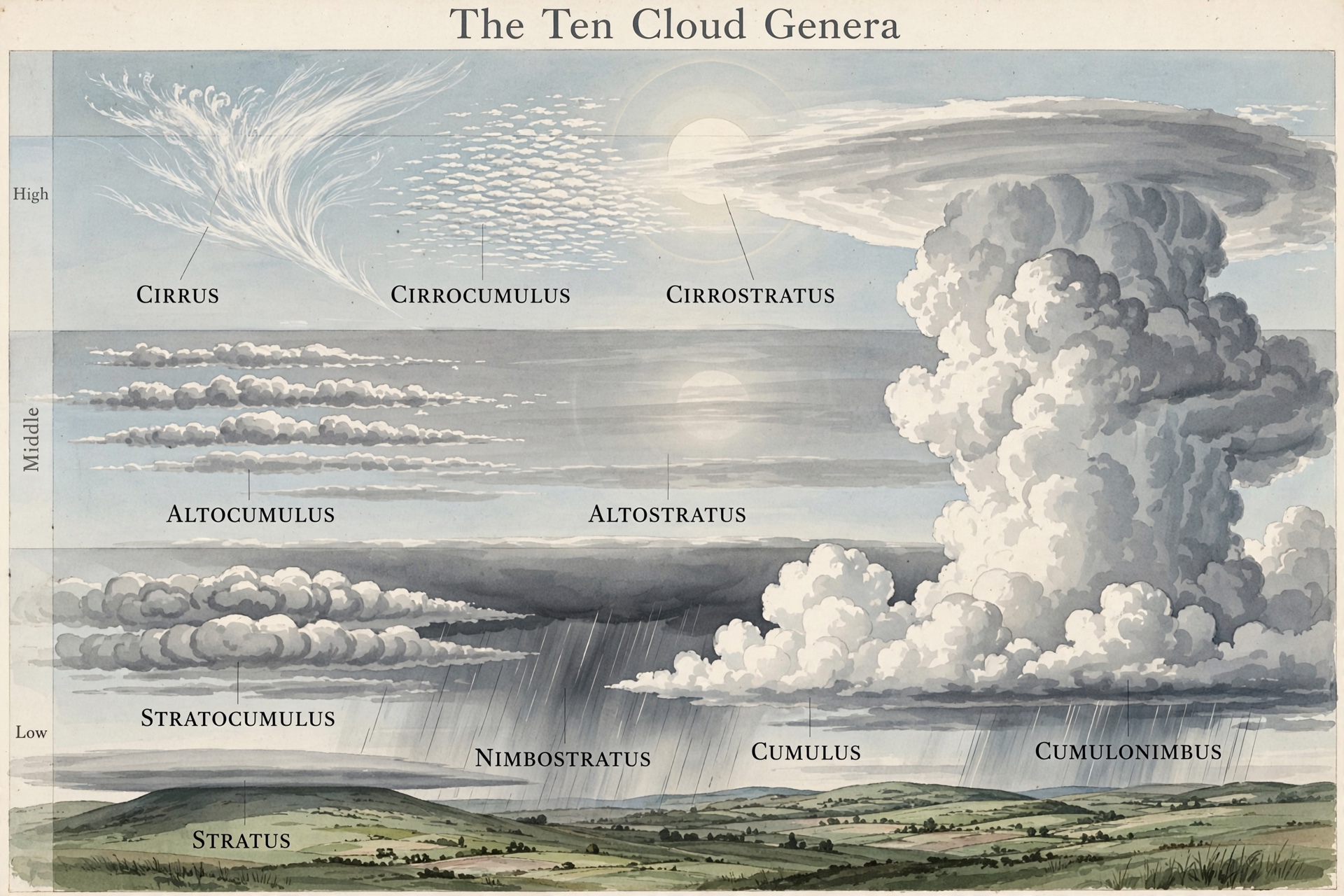 An illustrated plate of the ten cloud genera at their high, middle, and low altitudes over green hills.