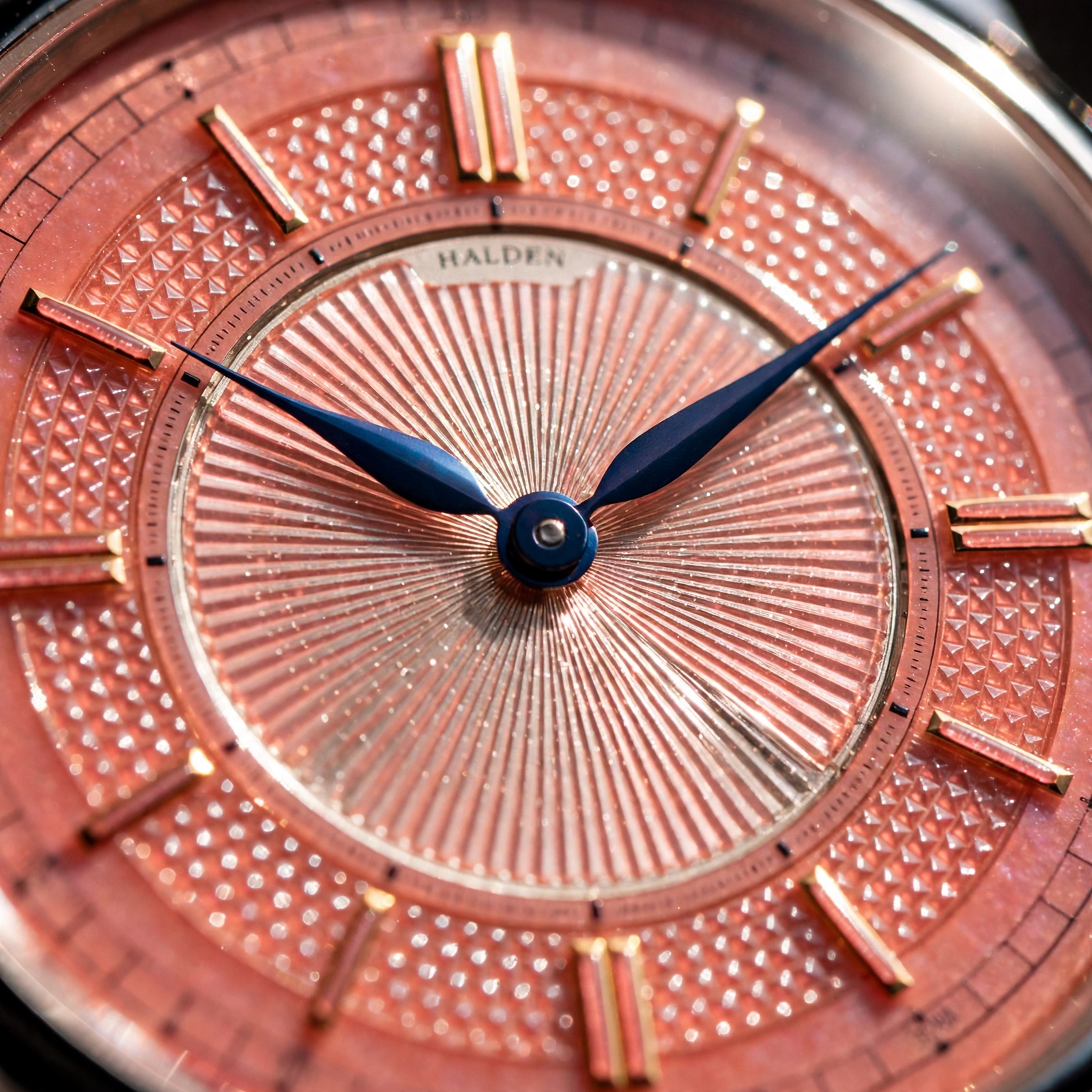 Macro of a salmon-pink enamel watch dial with sunburst and hobnail guilloche engraving and blued hands.