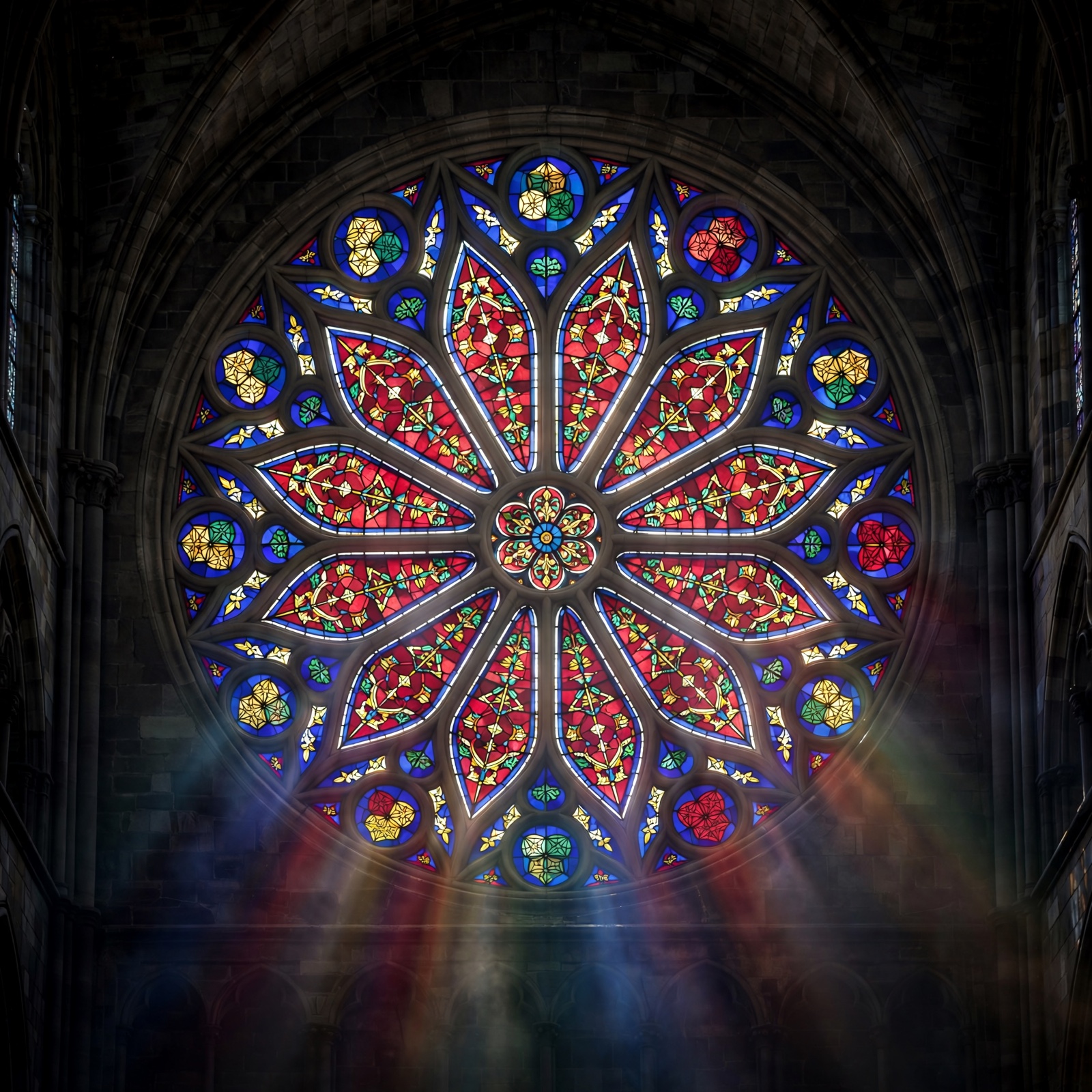 A glowing Gothic rose window with twelve petals and twelve outer roundels in ruby, cobalt, and gold glass.
