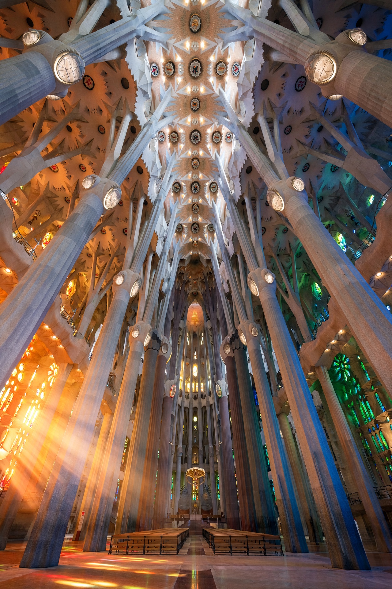 Looking up the nave of the Sagrada Familia, with branching columns and orange and green light from stained glass.