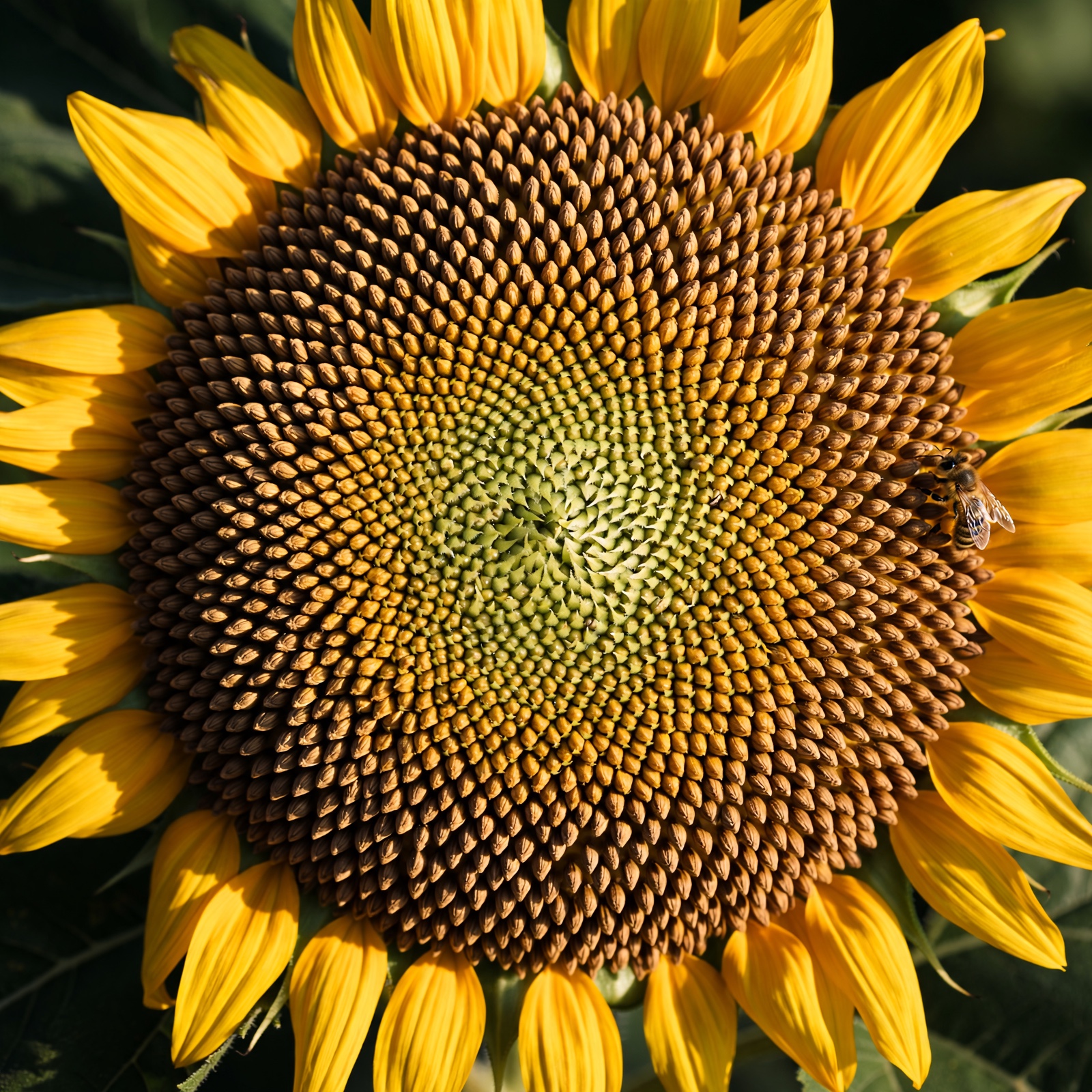 Overhead macro of a sunflower head with seeds in interlocking golden-angle spirals and a honeybee at the edge.