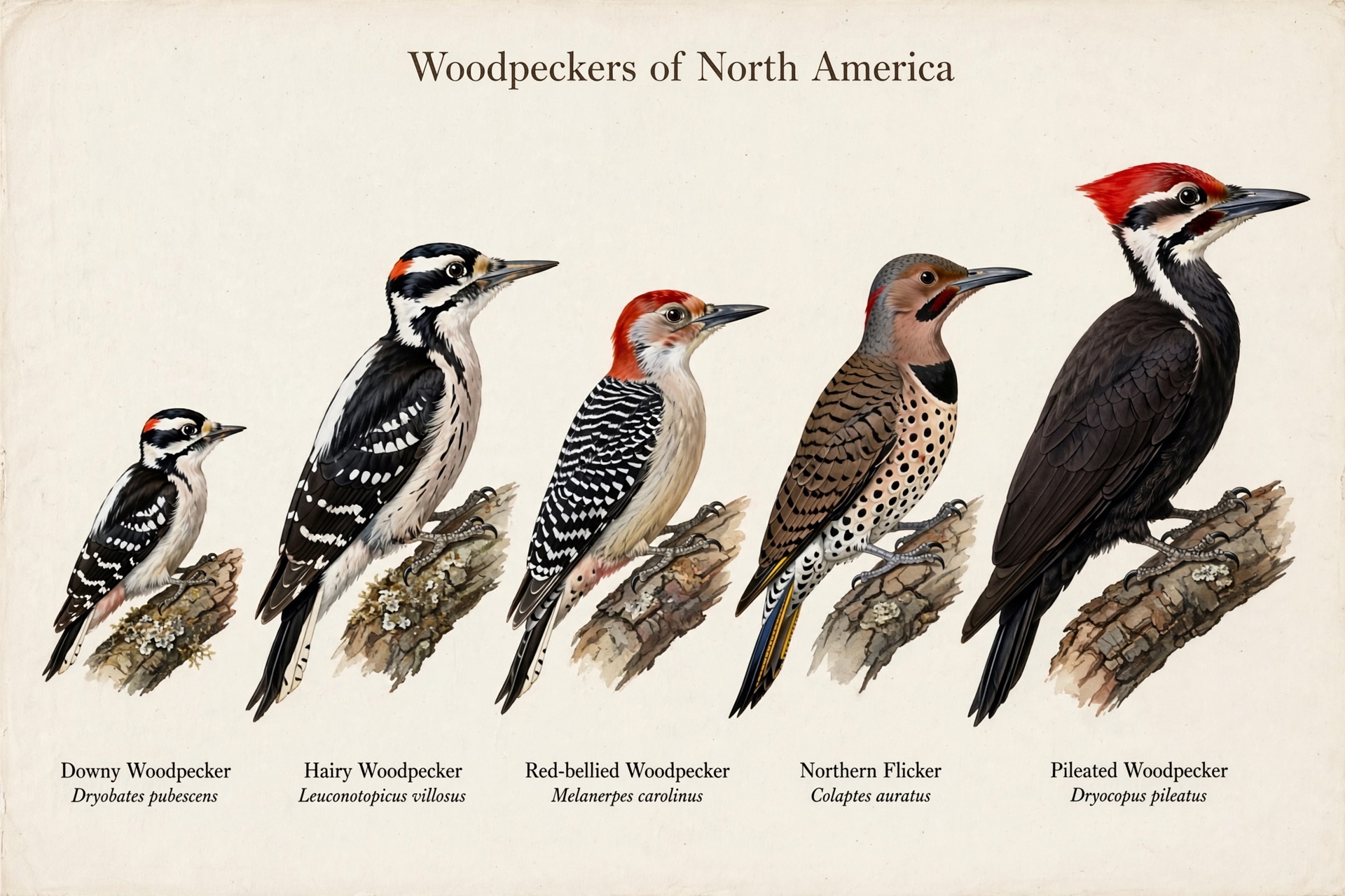 A field-guide plate of five North American woodpeckers drawn to scale with common and scientific names.