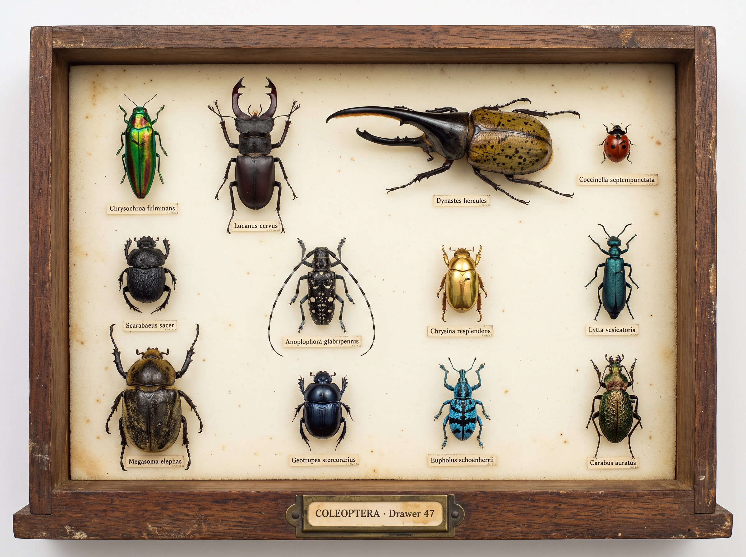 A museum specimen drawer of twelve pinned beetles, each with a typed Latin-name label