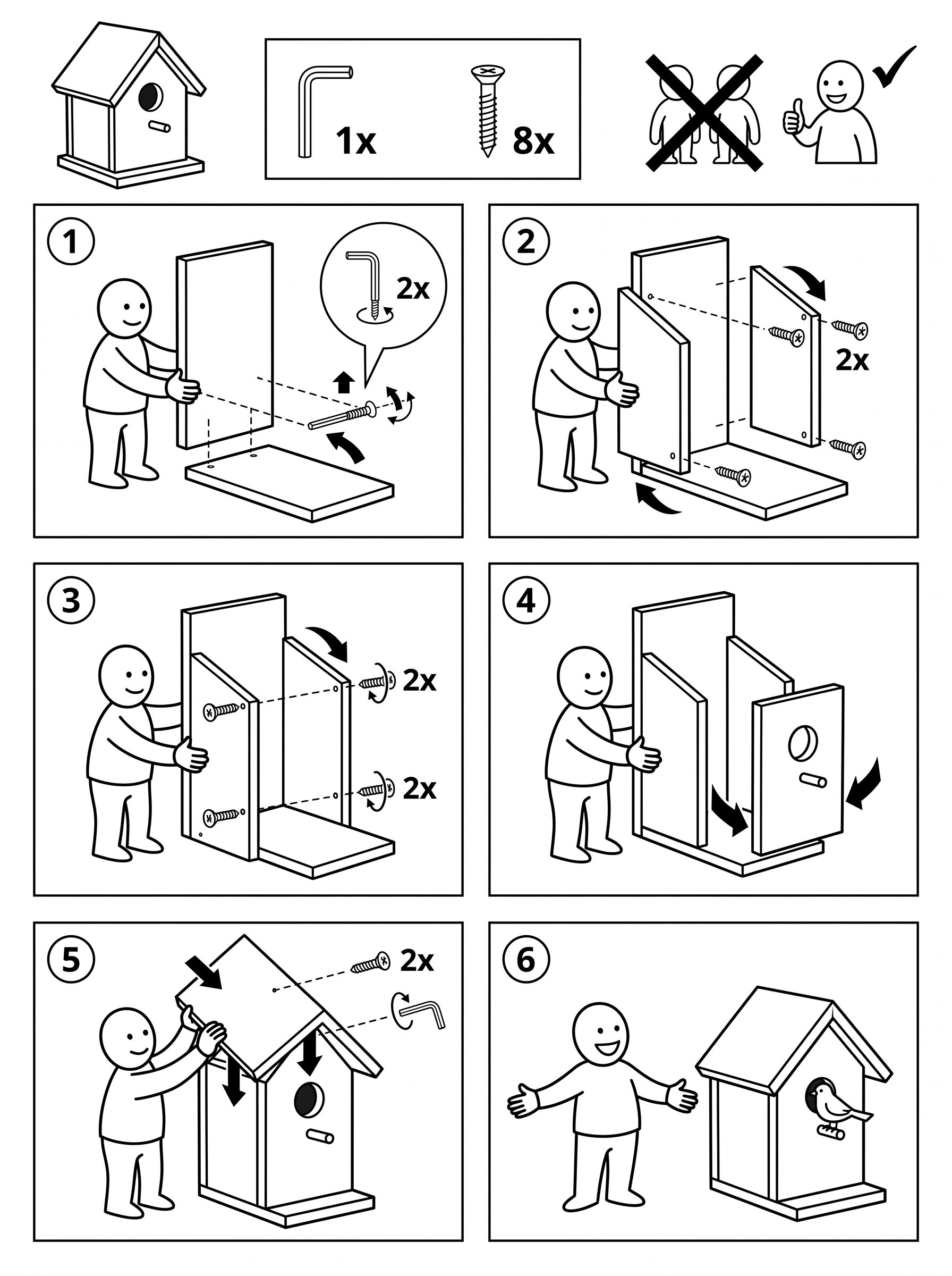Wordless flat-pack assembly instructions for a wooden birdhouse in six steps