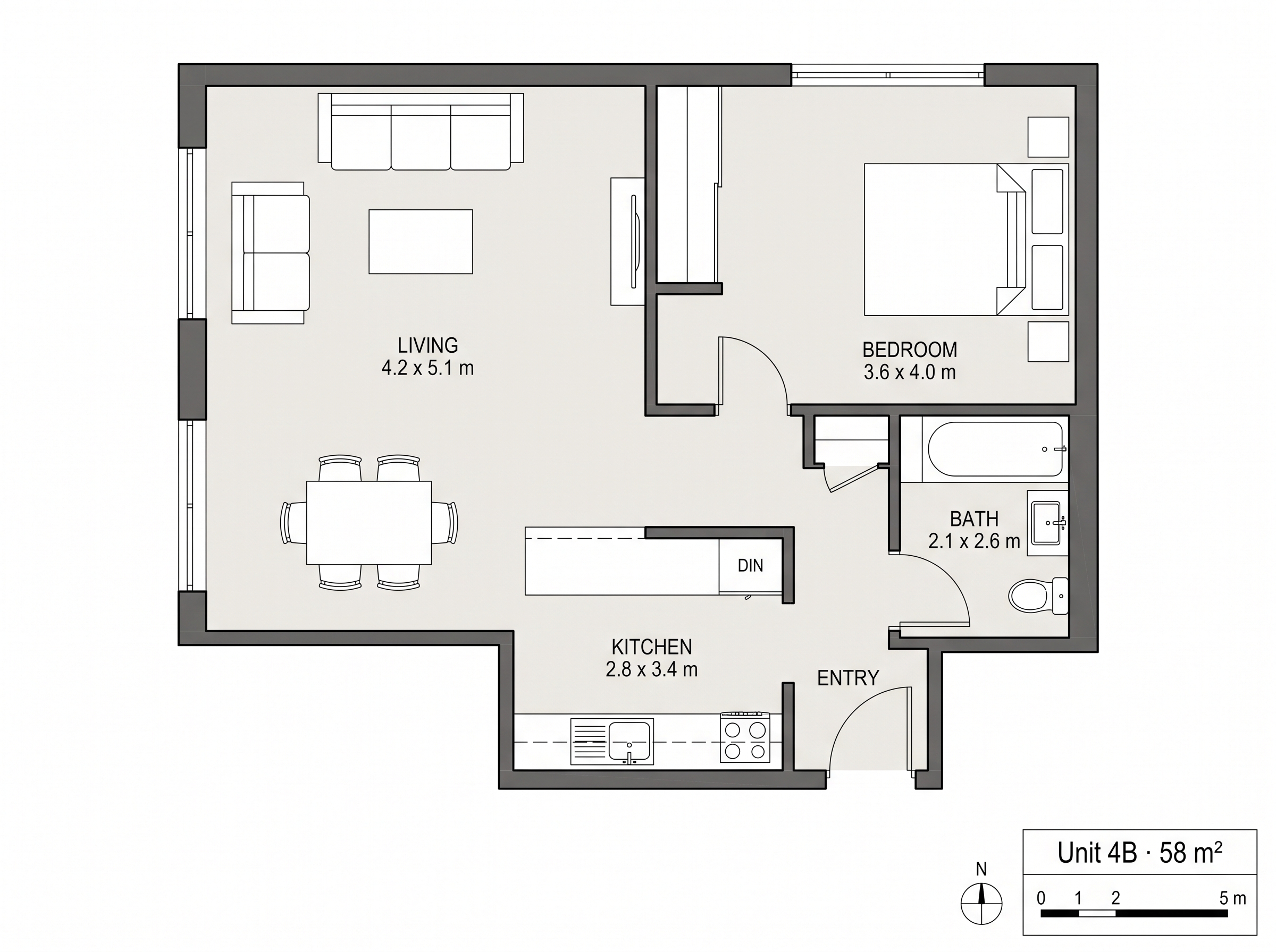 An architectural floor plan of a one-bedroom apartment with labeled rooms, dimensions, furniture, a north arrow and a scale bar