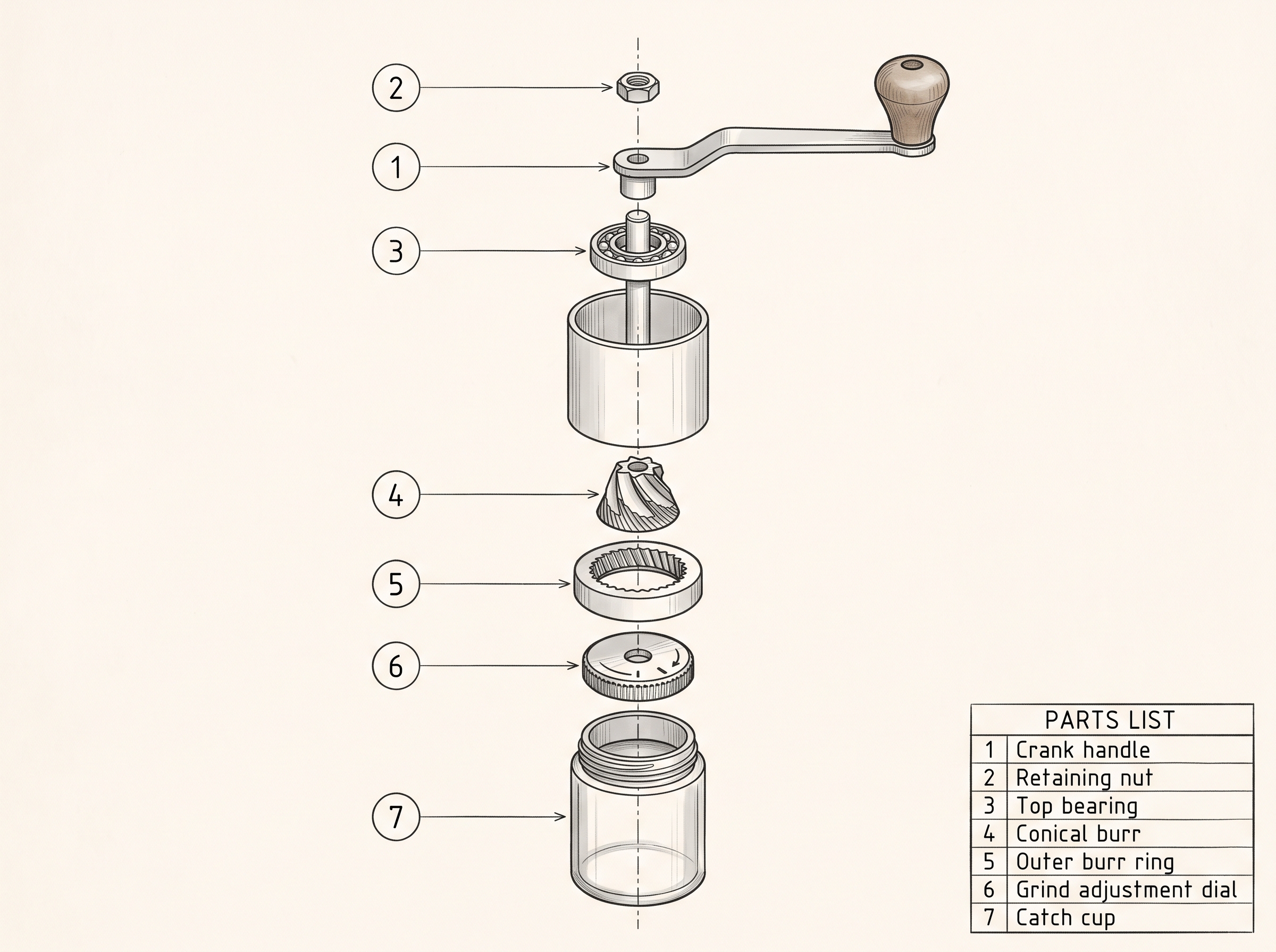 Exploded-view drawing of a manual burr coffee grinder with a numbered parts list