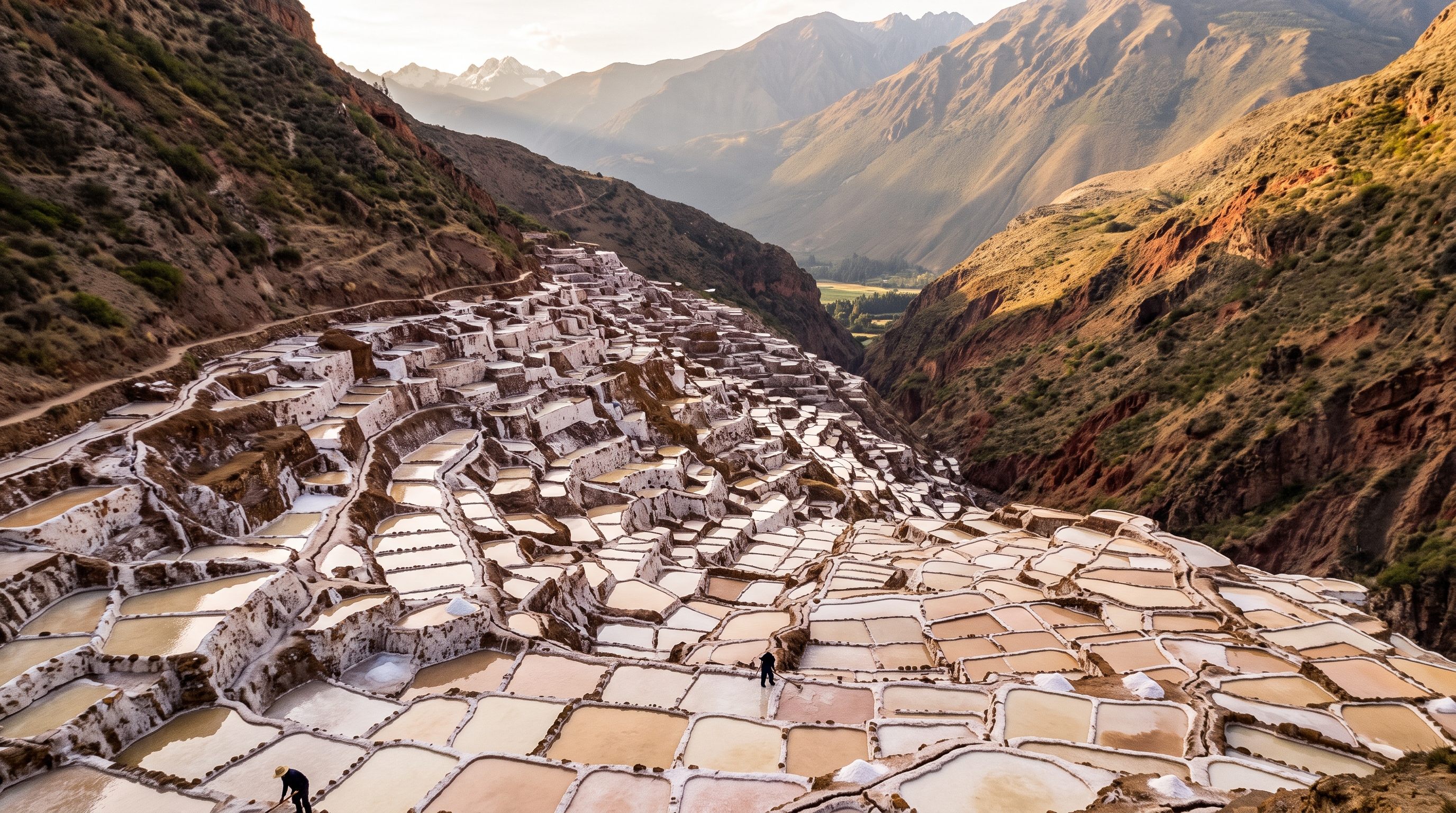 Golden-hour aerial photo of the terraced Maras salt ponds in the Peruvian Andes