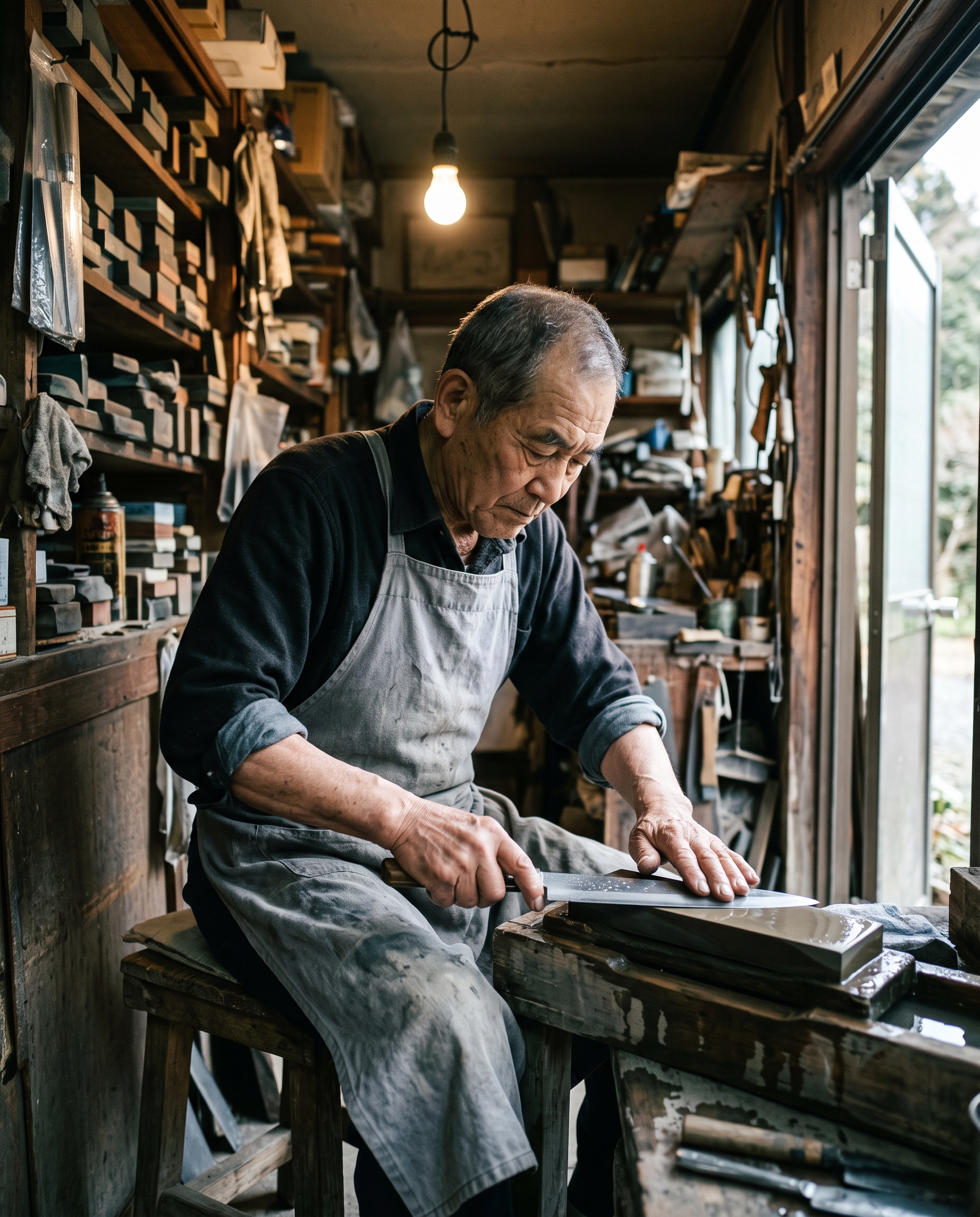 Candid portrait of an elderly knife sharpener drawing a blade across a wet whetstone in his workshop