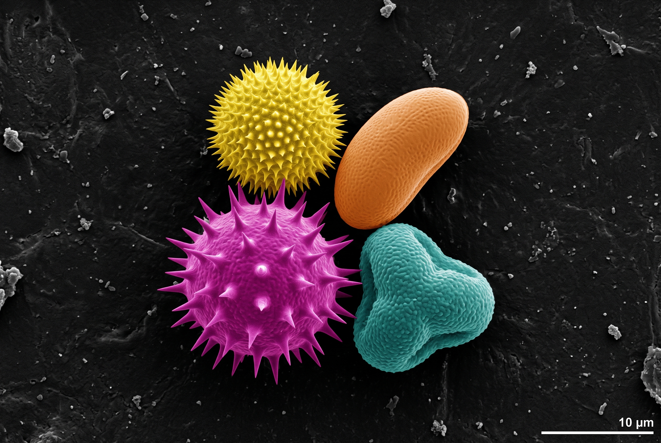 False-colored scanning electron micrograph of four pollen grains with a 10 µm scale bar