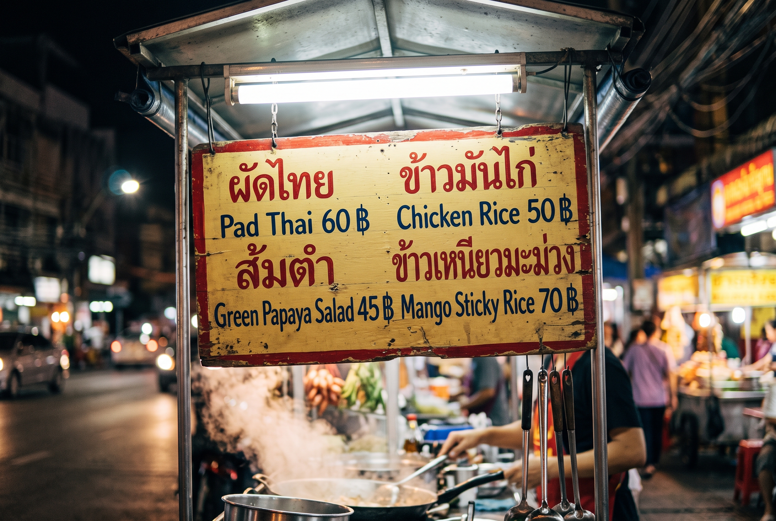 A bilingual Thai and English menu sign above a Bangkok street-food cart at night